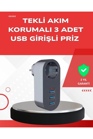 2500w Güç Destekli Akım Korumalı Priz 3 Usb Çıkışlı Standart