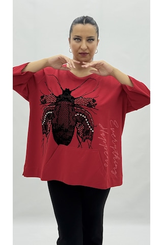 Büyük Beden Viskon Taşlı İnci Detaylı Kanguru Cepli Kapri Kol Oversize Kadın Sweat Kırmızı