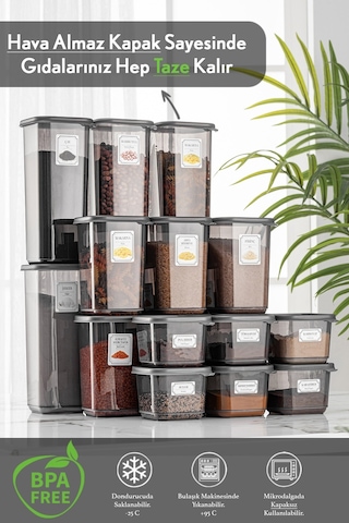 Meleni Home 18'li Set Kapaklı Kare Erzak Saklama Kabı Antrasit 6x 0,50 Lt-1,10 Lt -1,70 Lt Etiketli Baharatlık
