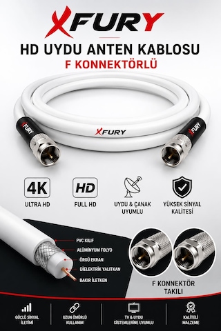 Fury Hd Uydu Anten Kablosu 10 Metre F Konnektörlü Full Hd 4k Tv Kablosu