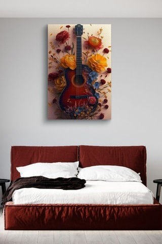 Etrafı Çiçek Kaplı Gitar Yağlı Kanvas Tablo