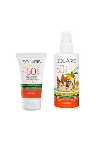 Solaris Sebum Balance Yağlı Ciltler İçin Güneş Kremi SPF50+ 50 ML + Nemlendirici Çocuk Güneş Spreyi SPF50+ 150 ML