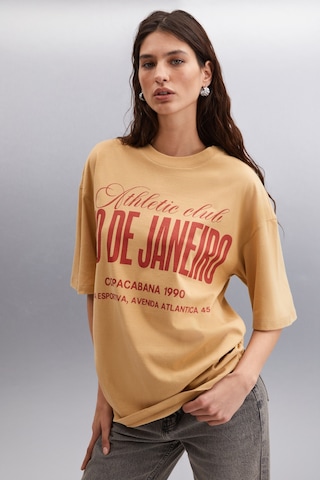 Ethıquet Malıka Kadın %100 Organik Pamuklu Şehir Tema Baskılı Oversize Bisiklet Yaka Bej T-shirt
