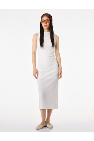 Koton Bürümcük Kolsuz Dik Yaka Midi Bodycon Elbise Ekru 6sal80003ık