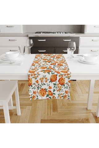 Orange Lotus Runner 140x45cm Ince Keten, Uluslararası Yıkama Ve Solmama Sertifikası Çok Renkli