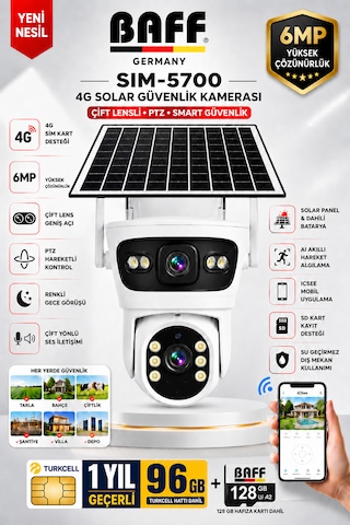Baff 6mp 4g Sım Kartlı Solar Güvenlik Kamerası Çift Lens Ptz Renkli Gece Görüşlü + 96gb Sım Kart Ve 128gb Hafıza Kartı Dahil