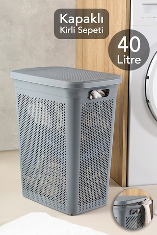 40 Litre Kirli Çamaşır Sepeti - Kapaklı Delik Detaylı Stash Slim Kirli Sepeti Banyo Organizer Gri Gri