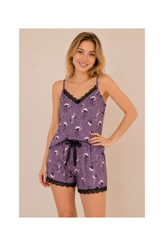 Rindahomewear Kadın İp Askılı Flamingo Desenli Pegasus Kumaş Şortlu Takım Çok Renkli