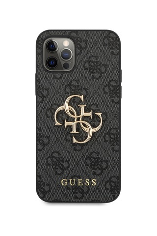 Apple Uyumlu iPhone 12 Pro Max Kılıf Guess Lisanslı Pu Deri Büyük Metal Logo Dizaynlı Kapak Gri