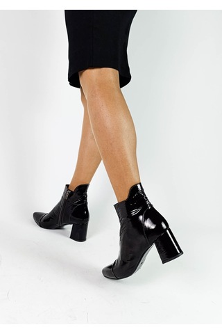 Hakiki Deri Acı Kahve Rugan Fermuarlı Kalın Topuk Kadın Bot Acı Kahve