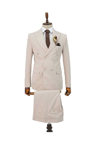 Bys Beystil Sivri Yaka Bej Kruvaze Takım Elbise Petek - Slim Fit