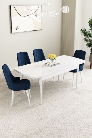 Mabel Beyaz 80x132 Açılabilir Yemek Odası Takımı 4 Adet Sandalye Krem