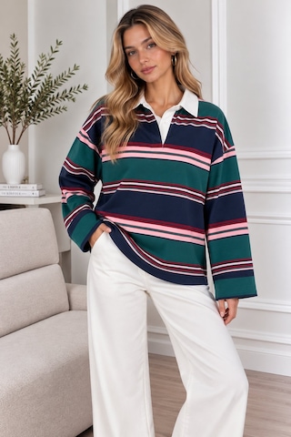 Lima Çok Renkli Kadın Yeşil Lacivert Pembe Çizgili Polo Yaka Oversize Uzun Kollu Sweatshirt