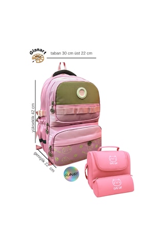 Ful Astarlı 5 Bölmeli İlk Öğretim Çantası Termoslu Beslenme+ Kalemlik Set . Su Geçirmez Kumaş Açık Pembe