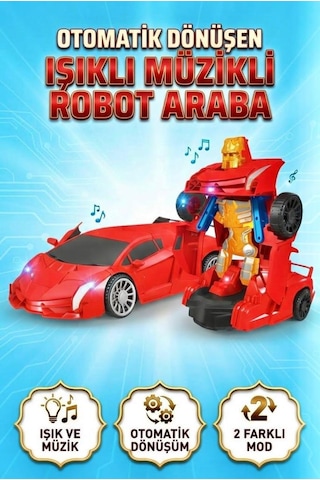 Eğitici Ve Eğlenceli Işıklı Kendinden Robota Dönüşen 15 Cm 2'si 1 Arada Araba Kırmızı Oyuncak Araba Çok Renkli