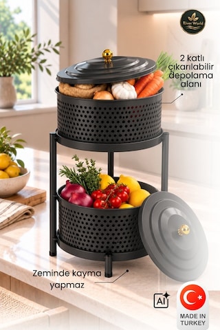 River World Tekerleksiz Rengi Siyah Açılabilen 2 Katlı Çok Amaçlı Metal Raf Mutfak, Balkon, Kiler Çok Renkli