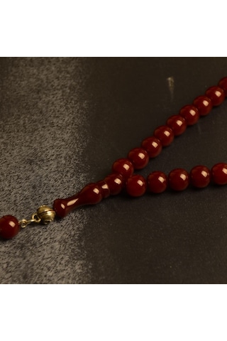 Küre Kesim 9x8 Mm Sıkma Kehribar Alpaka Püsküllü Tesbih Bordo