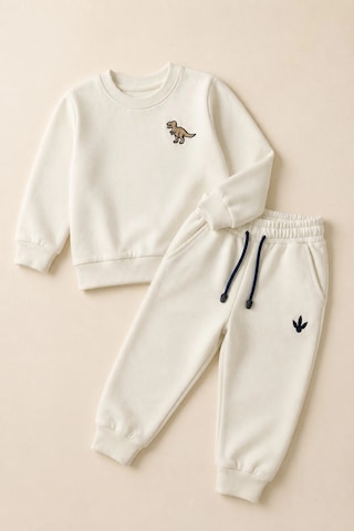 Rony Pony Kids Erkek Çocuk Krem Dinozor Nakışlı Pamuklu 2 İplik Sweatshirt Ve Lastik Paçalı Eşofman Takımı
