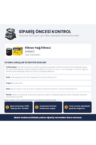 Filtron Op616/3 Yağ Filtresi - Golf 7-8 / Passat B8 / Polo 5-6 1.0-1.5 Tsı / 1.0 Mpı