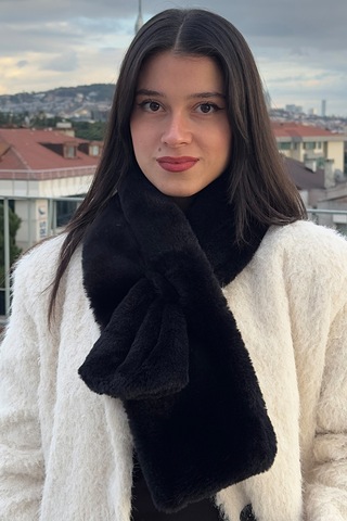 Mollycrush Kadın Siyah Peluş Atkı Kışlık Şık Suni Kürklü Siyah