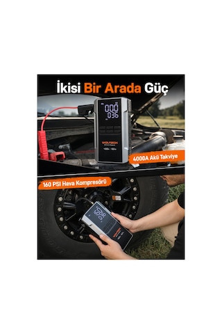 4000a Marş Yardımı, 160 Psı Kompresör 12v Akü Takviyesi 24000mah Powerbank Led Işık