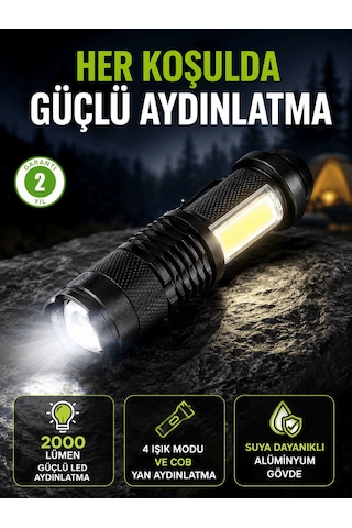 4 Modlu Usb Şarjlı Led El Feneri Kamp Ve Outdoor - 4999 Altın