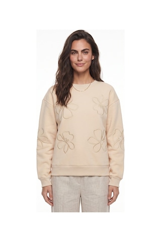 Onloox Kadın Bej Bej Pamuklu Üç İplik Şardonlu Bisiklet Yaka Düşük Omuz Çiçek Eva Nakış Detaylı Sweatshirt