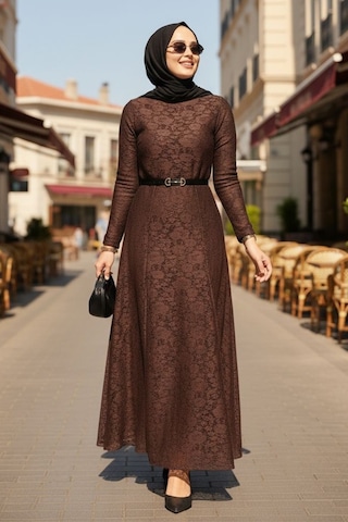 Bestenur Dantel İçi Astarlı Kemerli Elbise 1685 - Kahve Kahve
