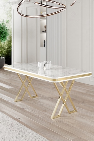 Canisa Vals Serisi 80x130 Cm Lak Panel Sabit Masa Beyaz Mermer Desen Gold Ayaklı Masa Beyaz Mermer Desen Ayaklar Gold