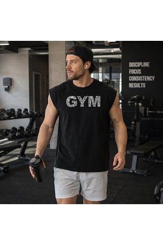 Urbantrendstore Baskılı Sporcu Atleti Gym Tişört %100 Pamuklu T-shirt Açık Siyah