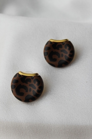Leopar Desenli Düğme Model Küpe Koyu Kahve