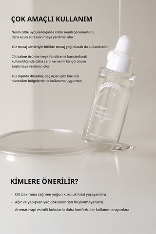 Midha Rice Facial Yoğun Nemlendirici ve Besleyici Pirinç Kepeği Yağı İçerikli Yüz Bakım Yağı 30 ML