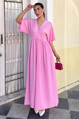 Madmext Pembe V Yaka Düğmeli Elbise Mg2339 Pembe