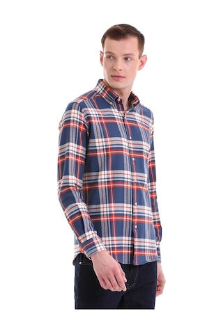 Hatemoğlu Lacivert Slim Fit Kareli 100% Pamuklu Düğmeli Yaka Uzun Kollu Kl Lacivert