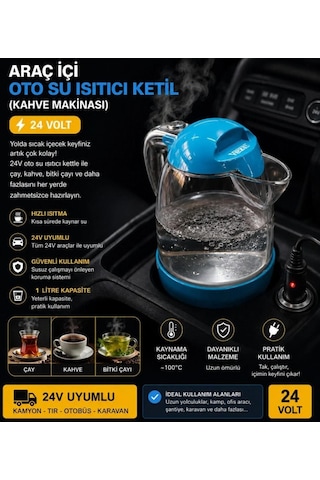 Vezir Vzr-10 Araç İçi Su Isıtıcı Otomatik Rezistanslı Kahve Makinesi Kettle 1 Lt 24 Volt