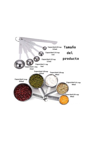 Yaleker 11 Parça Paslanmaz Çelik Ölçü Kasa Ve Kaşık Seti 5 Kasa + 5 Kaşık + 1 Düzleştirici Aracı , Gümüş Renk, Hassas Ölçü İçin 30ml-250ml Kasa, 0.5ml-15ml Kaşık Gümüş