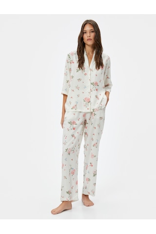 Koton Çiçekli Pijama Altı Cepli Beli Lastikli Ekru Desenli 4slk50046mw Ekru