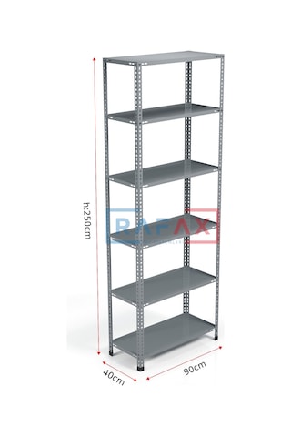Rafax, 40x90xH:250, 6 Raflı Çelik Raf, Depo Rafı, Arşiv Rafı Gri
