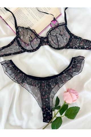Arinda Butterfly Siyah Tül Çiçek Desenli Balenli Kapsız Fırfırlı Bralette Sütyen Tanga İç Çamaşırı Takımı Alt Üst 2 Parça