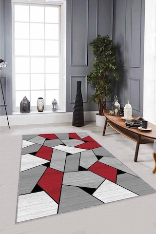 Kırmızı Geometrik Kaymaz Tabanlı Dekoratif Halı Wl06n11
