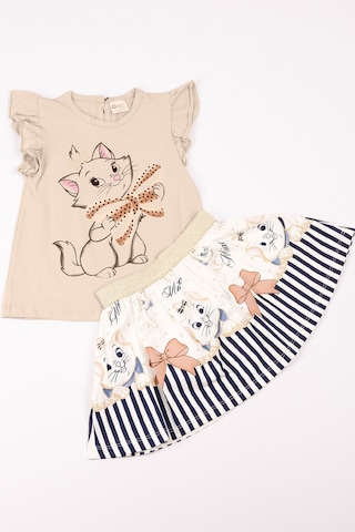 Kız Çocuk Takım Etekli Kedi Baskılı Kol Detaylı A66 Taş Rengi