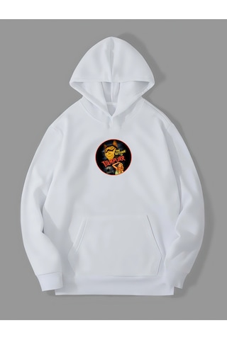 Harmandar Üç İplik Vampurr Baskılı Unisex Beyaz Kanguru Cepli Kapüşonlu Sweatshirt Hoodie Vampurrbeyazsweat