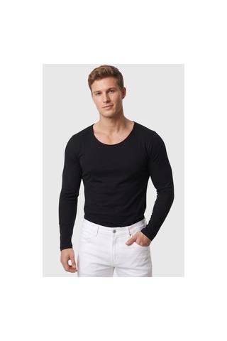 Deepsea Erkek Siyah %95 Pamuk Slim Fit Kesik Açık Yaka Likralı Penye Sweatshirt Oval Kesim 2602299