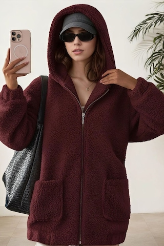 Aclassics Peluş Kuzu Kıvırcık Torba Cepli Kolej Mont Siyah Ks2526 Bordo
