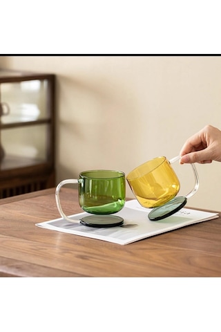 Qerhome Borosilikat Cam Renkli Cam Kahve Cappuccino Kupası 350 Ml Şeffaf