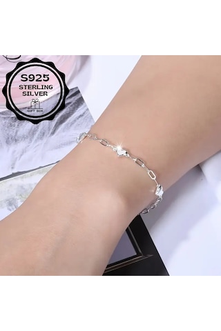 Heart Chain 925 Ayar Sade Şık Zincir Kalpli Gümüş Bileklik Çok Renkli