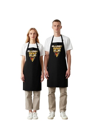 Erkek Unisex Mutfak Aşçı Önlüğü Korkunç Pizza Dilimi Yüz Baskılı Siyah
