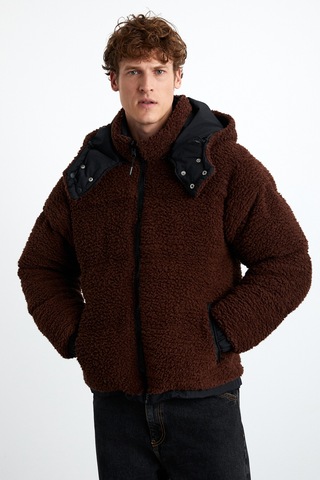 Vancuover Erkek Peluş Kumaşlı Çok Kalın Şişme Dış Giyim Casual Kahverengi Mont