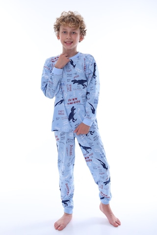 Bunny Hopp Dinozor Desenli %100 Pamuklu Erkek Çocuk Pijama Takımı - Mavi Penye Mevsimlik Takım Açık Mavi