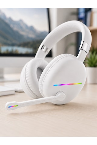 Rgb Işıklı Mikrofonlu Bluetooth Kulaklık Beyaz Over-ear Tasarım Type-c Şarjlı